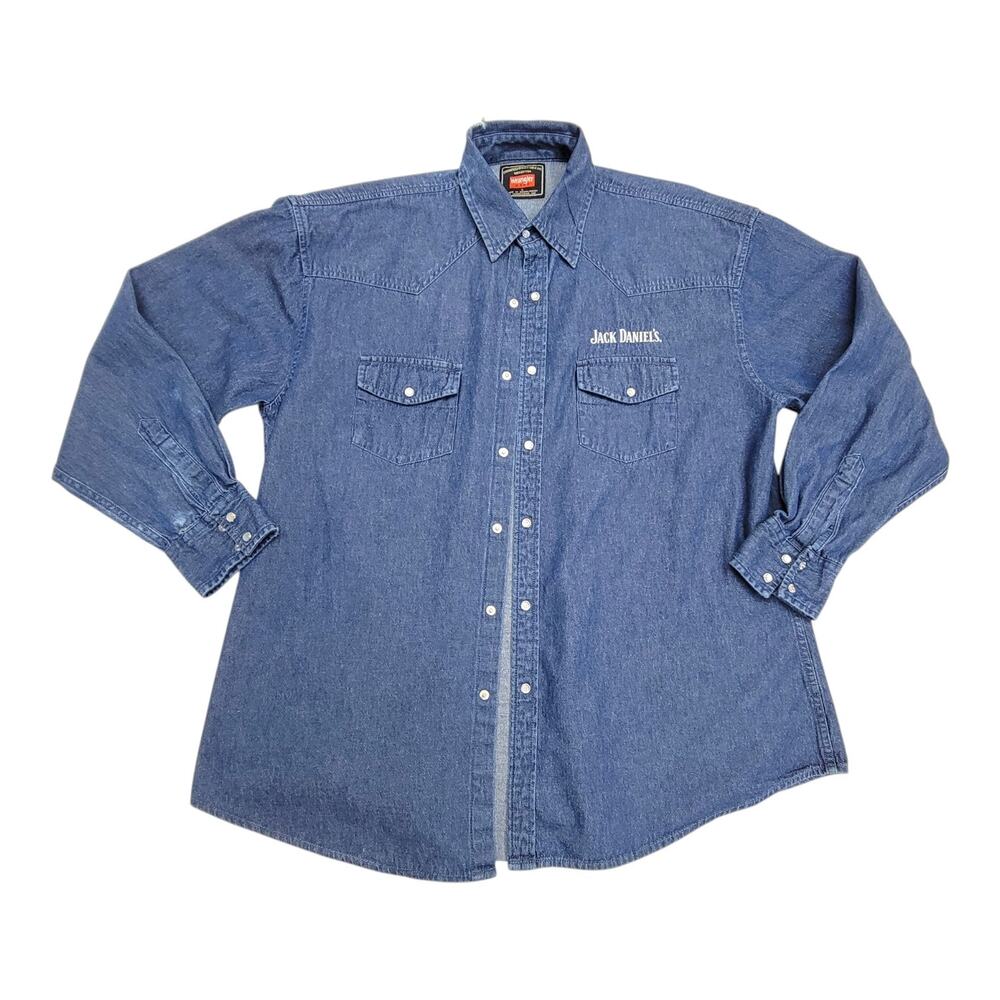Vintage Wrangler Jack Daniels Denim Pearl Snap Shirt Mens Large Western Cowboy
